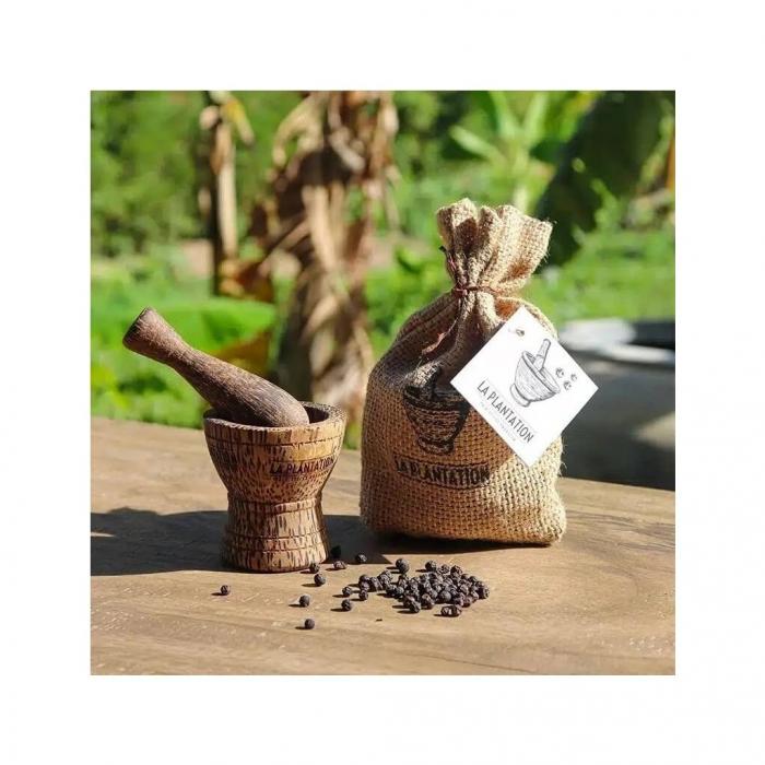 Černý kampotský pepř 50g La Plantation + Černý kampotský uzený pepř 50g La Plantation + hmoždíř